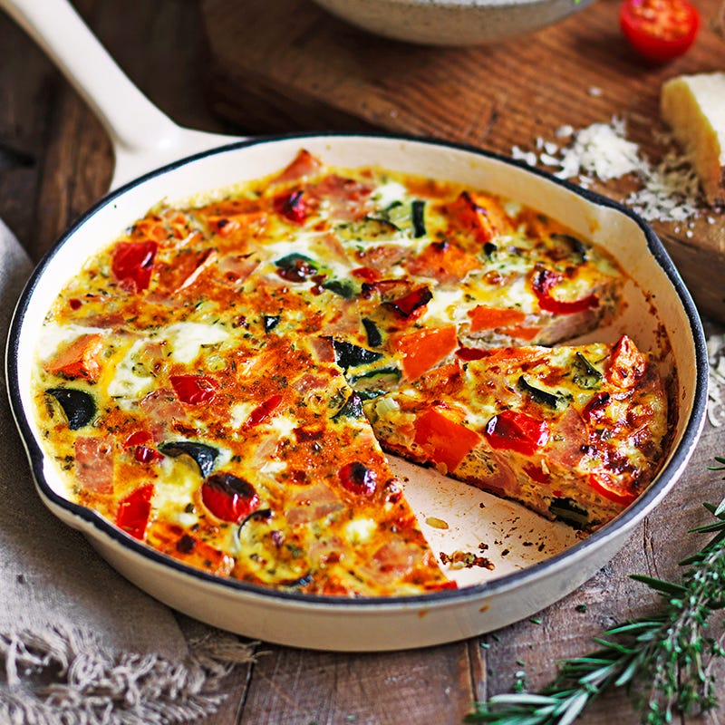 Roast vegetable and ham frittata