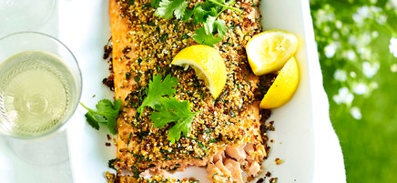 Baked salmon with dukkah crumble