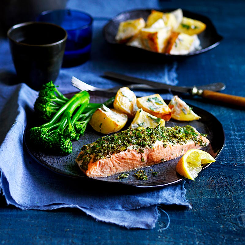 Herb-baked salmon with warm potato salad