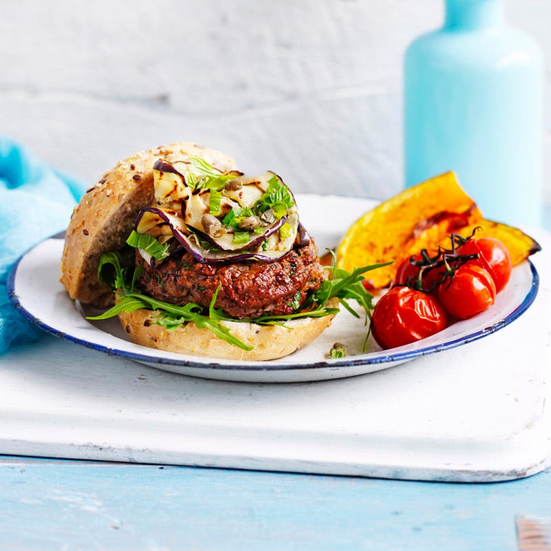 Grilled beef burger with eggplant salad
