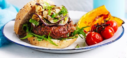 Grilled beef burger with eggplant salad