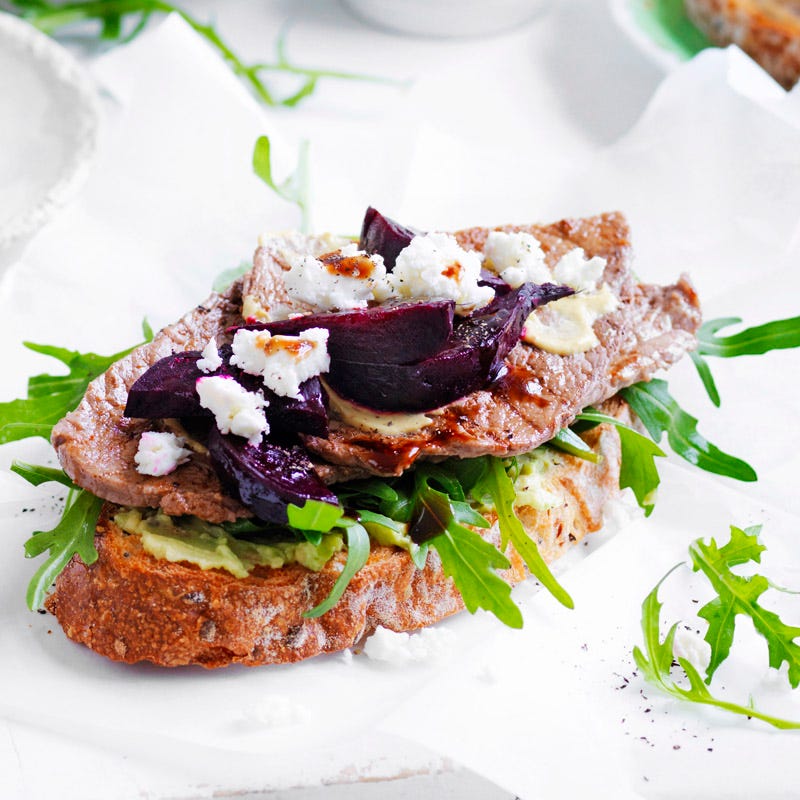 Photo of Open steak and beetroot sandwich by WW