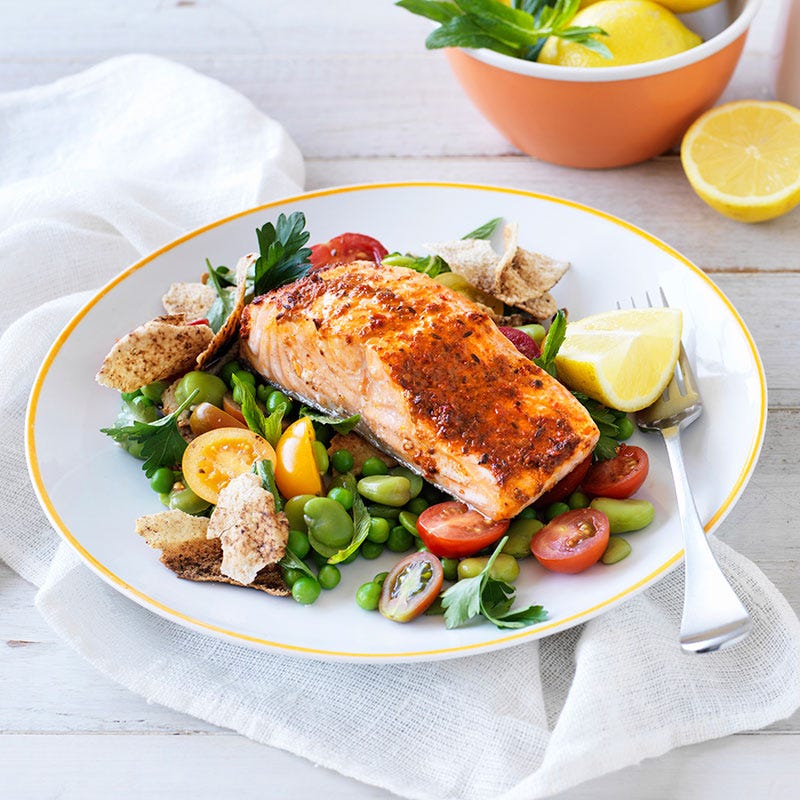 Harissa salmon with broad beans and pita salad