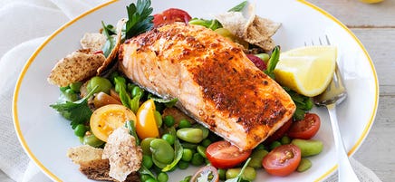 Harissa salmon with broad beans and pita salad
