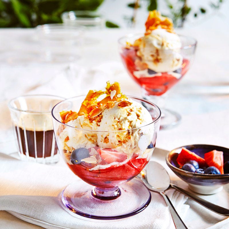 Photo of Cheat’s vanilla and almond praline ice-cream with strawberry coulis by WW
