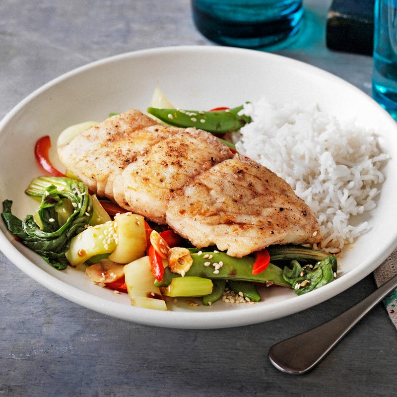 Photo of Chinese five-spice fish with chilli and sesame greens by WW