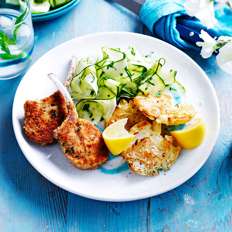 Crumbed lamb with smashed potatoes and zucchini salad