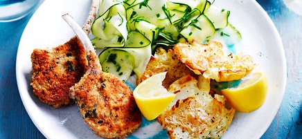 Crumbed lamb with smashed potatoes and zucchini salad