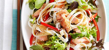 Teriyaki hot smoked salmon noodle salad