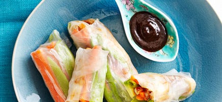 Hoisin chicken and avocado rice paper rolls
