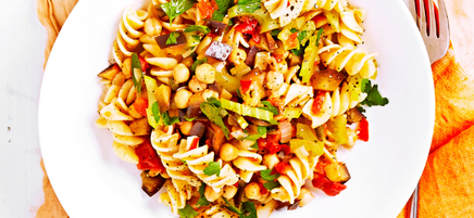 Pasta with caponata and chickpeas