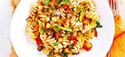 Pasta with caponata and chickpeas