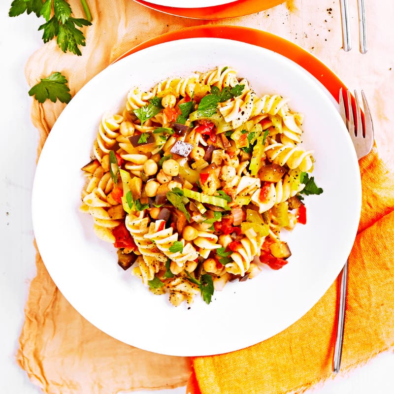Pasta with caponata and chickpeas