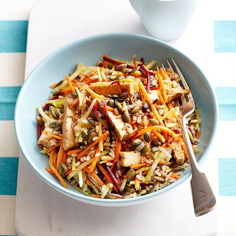Tofu, rice and shredded vegetable salad