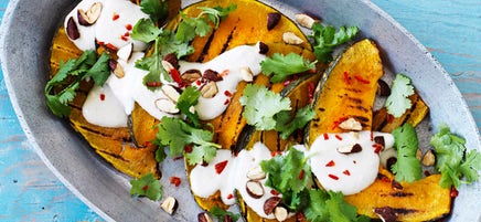 Pumpkin and smoked almond salad with tahini dressing