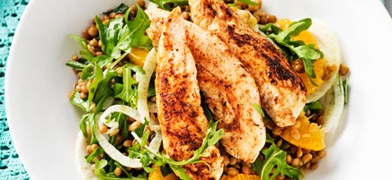 Cajun chicken with orange, fennel and lentil salad