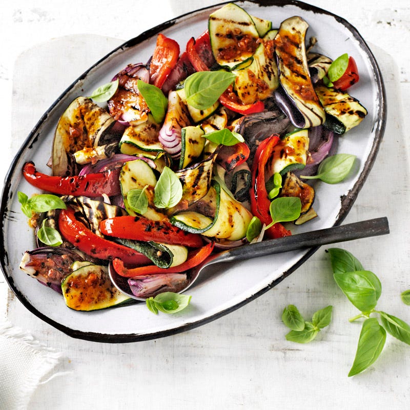 Grilled eggplant and zucchini salad with tomato pesto