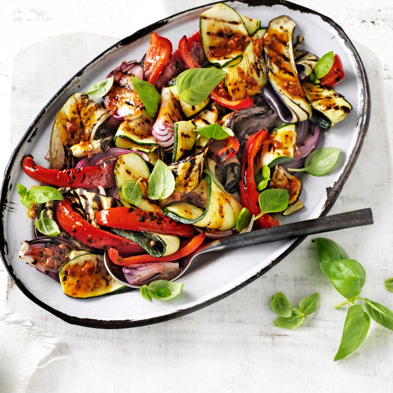 Grilled eggplant and zucchini salad with tomato pesto