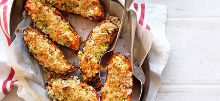 Cottage cheese and leek stuffed sweet potatoes
