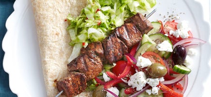 Lamb souvlaki with pickled lettuce