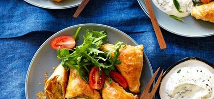 Potato and pea samosas with leafy greens