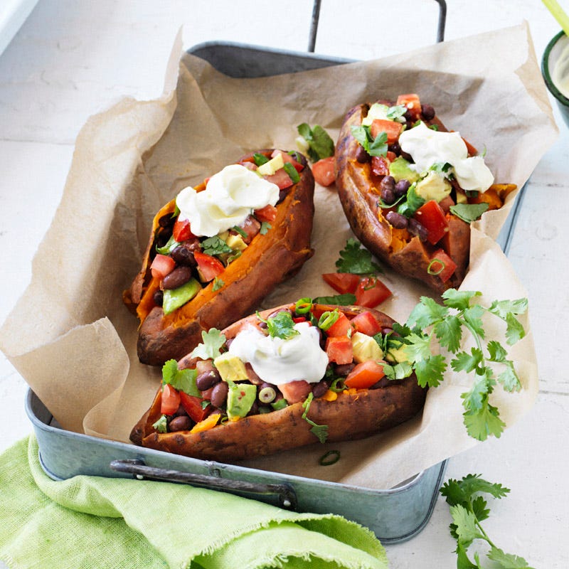Baked sweet potato with black bean salsa