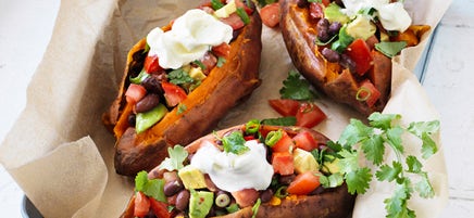 Baked sweet potato with black bean salsa
