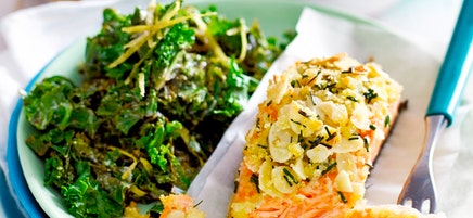 Almond-crusted salmon with lemon kale