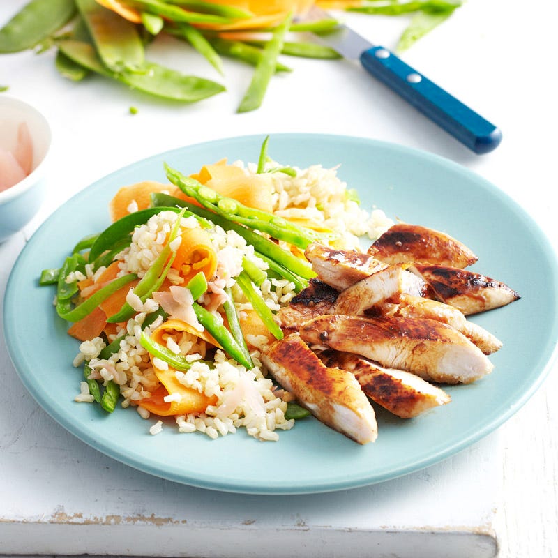 Teriyaki chicken with brown rice and pickled ginger salad