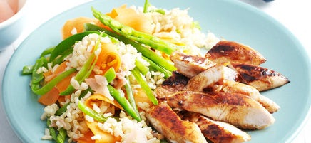Teriyaki chicken with brown rice and pickled ginger salad