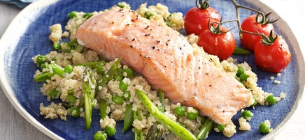 Baked salmon with quinoa, pea and sugar snap pilaf