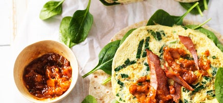Egg, bacon and spinach burritos