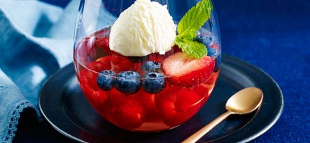 Berries in rosé jelly with sour cream sorbet
