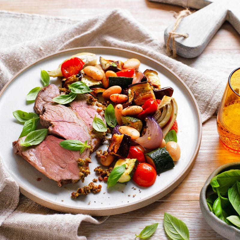 Pesto-braised lamb with bean ratatouille