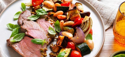 Pesto-braised lamb with bean ratatouille