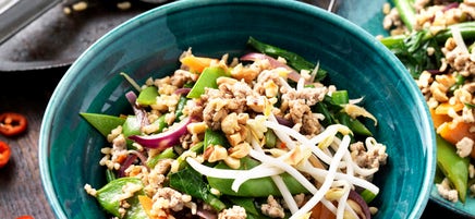 Thai fried rice with pork, gai lan and peanuts