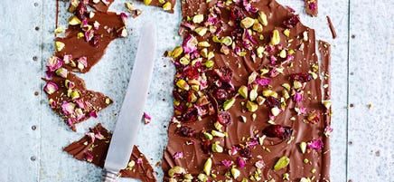 Pistachio, cranberry and rose petal bark