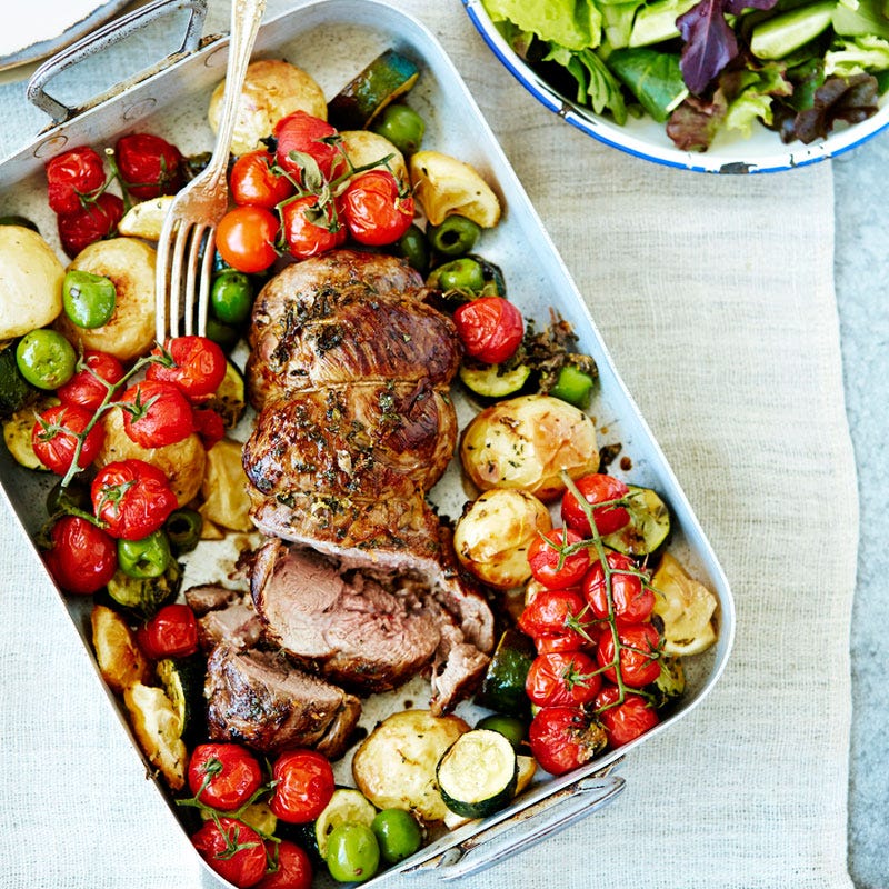 Lemony lamb tray bake