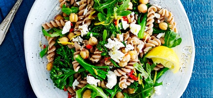 Pasta with chickpeas, chilli, broccolini, feta and lemon