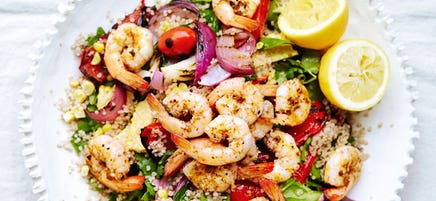 Sumac grilled prawns with corn, tomato and quinoa salad