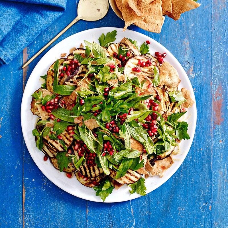 Warm eggplant and pomegranate salad