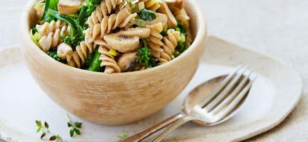 Pasta with broccolini, spinach, mushrooms and ricotta