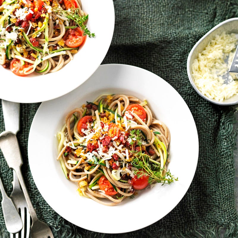 Spelt and zucchini spaghetti with chorizo and herb crumbs