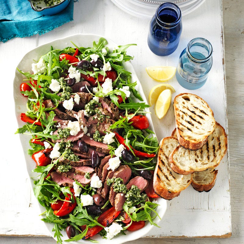 Warm Greek lamb salad with mint pesto