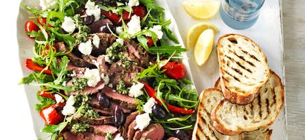 Warm Greek lamb salad with mint pesto