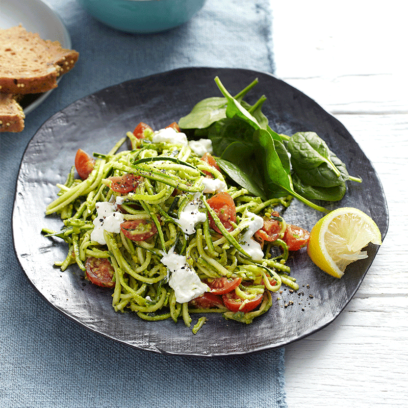 Raw zucchini pasta with avocado pesto