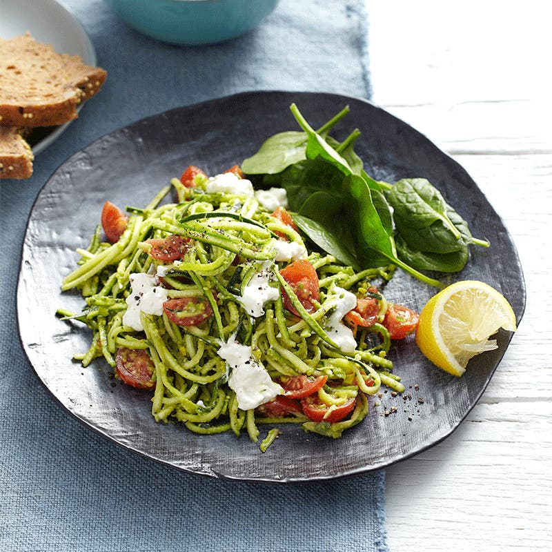 Raw zucchini pasta with avocado pesto