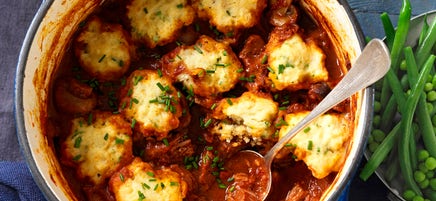 Peppered veal and mushroom stew with chive dumplings