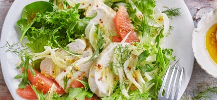 Citrus poached chicken with fennel and ruby grapefruit salad