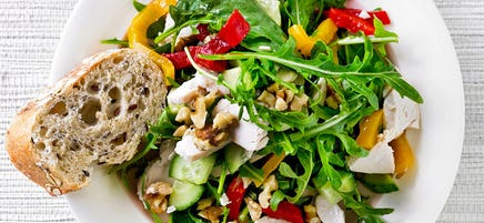 Chopped chicken, roasted capsicum, walnut and rocket salad